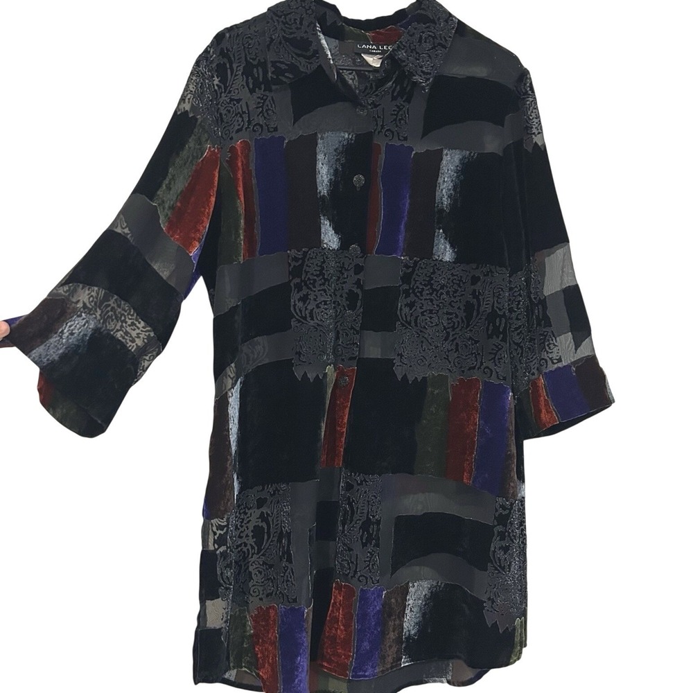 Vtg Velvet Burnout  Tunic Sz 14 Artsy Dark Floral Geometric Sheer Button Up